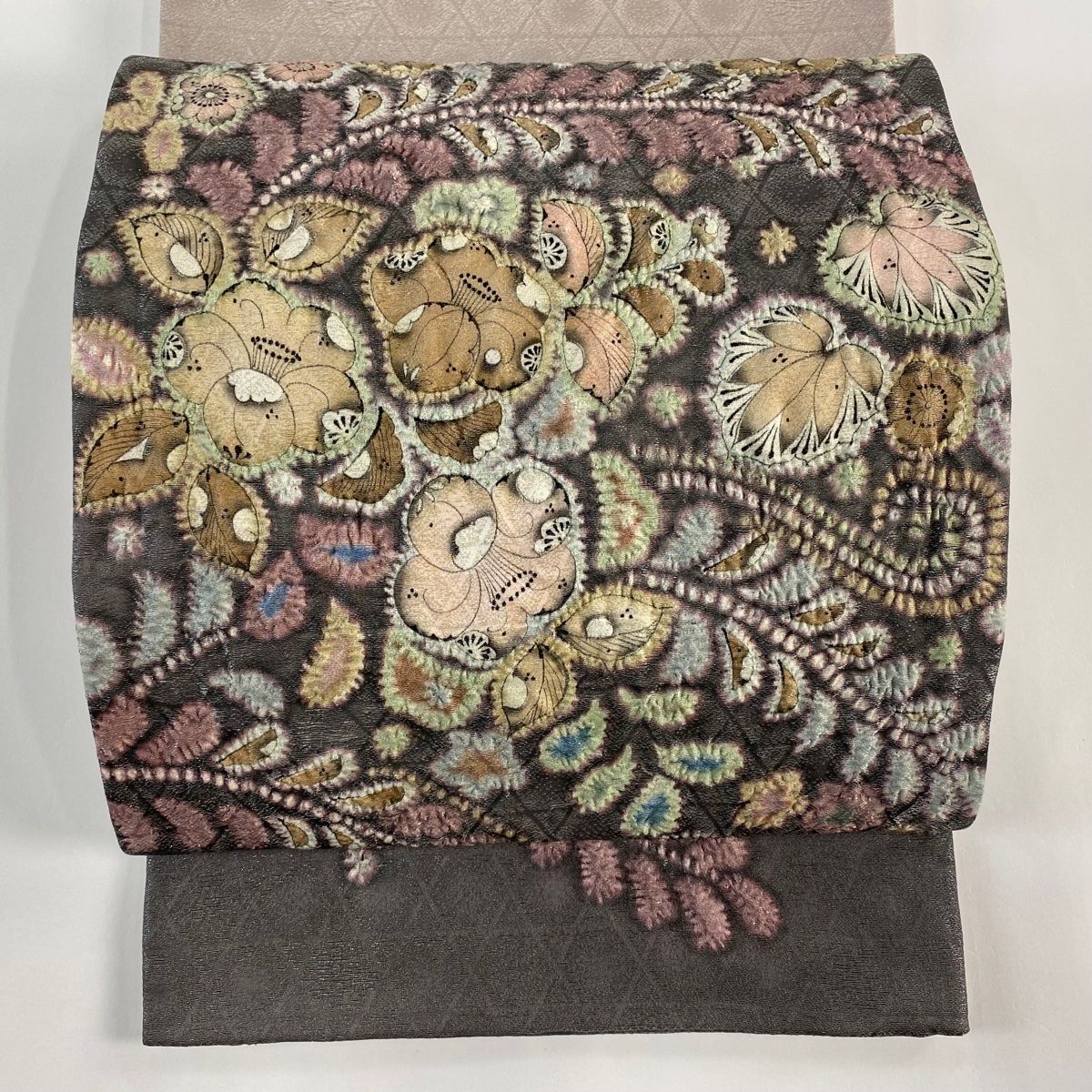 辻が花柄袋帯 袋帯 美品 名品 辻が花柄 銀糸 灰紫 お太鼓柄 正絹 【中古
