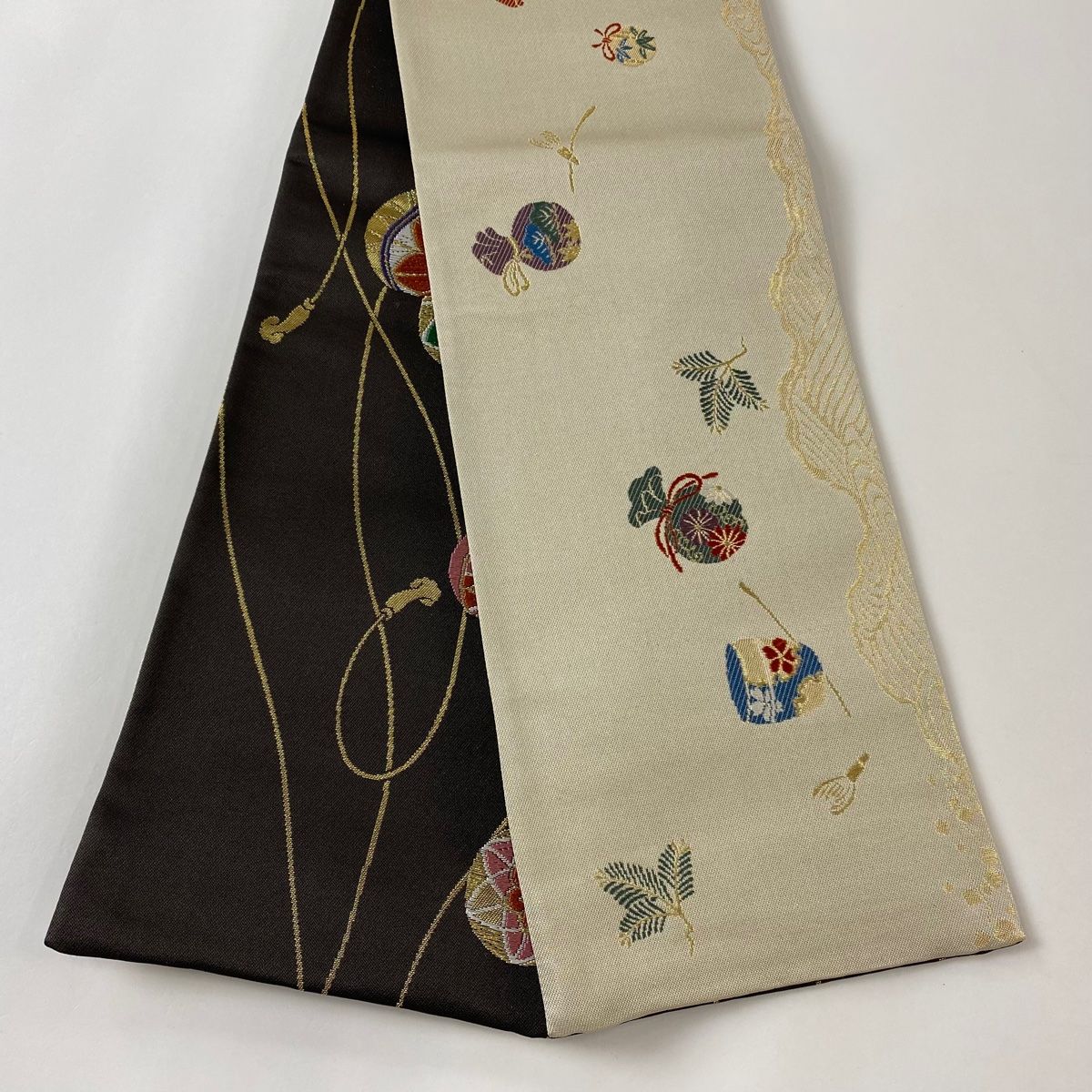 半幅帯 美品 優品 縞 草花 金糸 茶色 正絹 【】