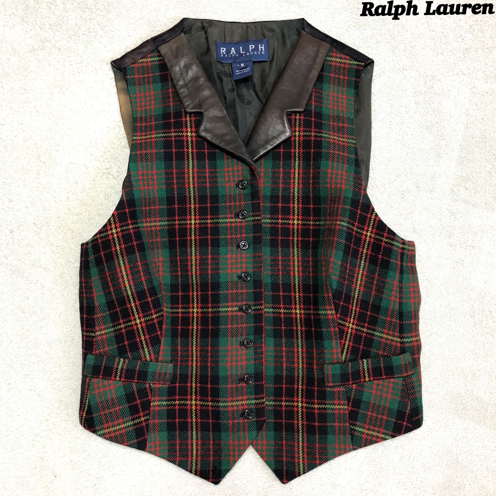 Ralph Lauren ジレ ベスト レザー切り替え タータンチェック柄 8