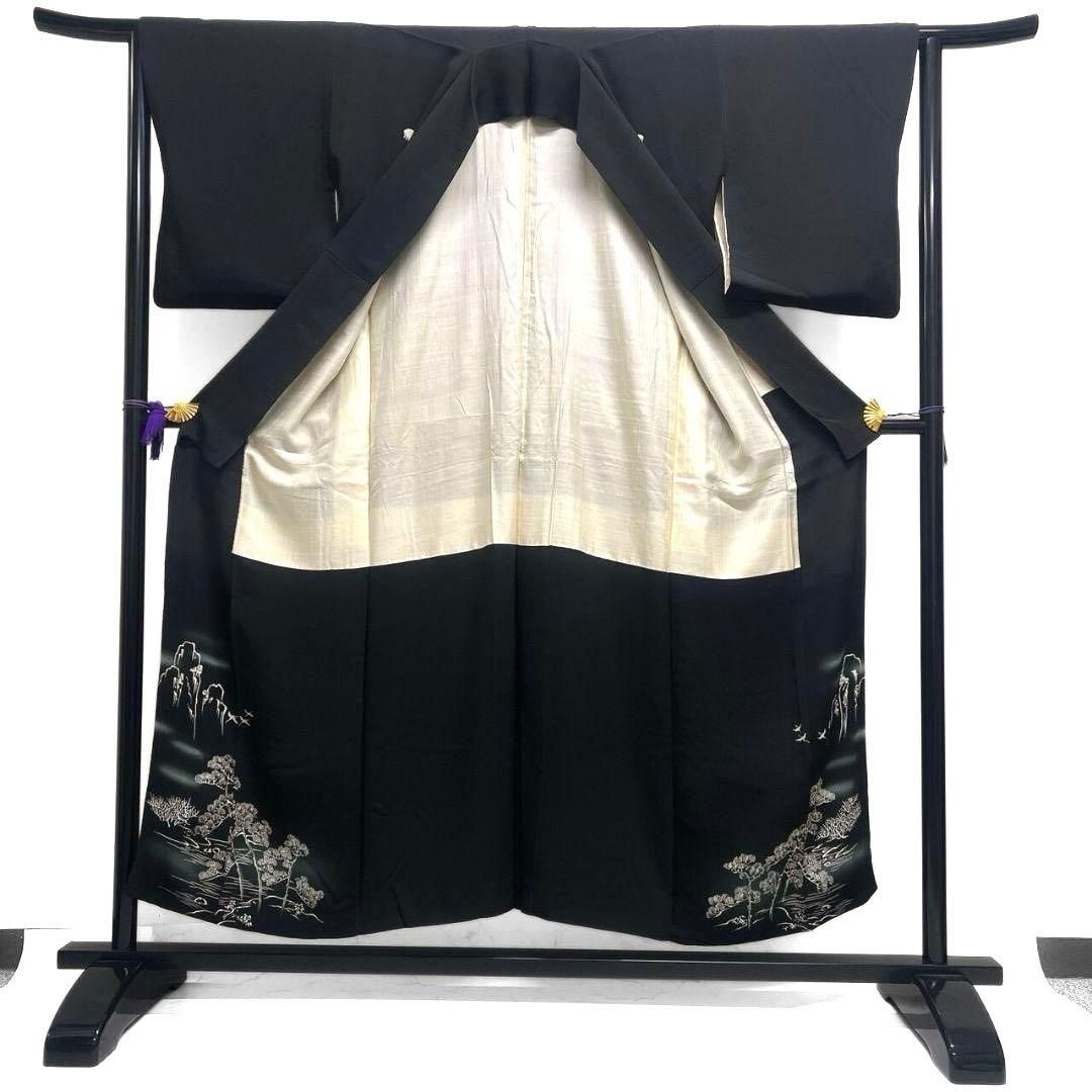 黒留袖 アンティーク 枝垂れ柳 松 鶴 着物 101b p