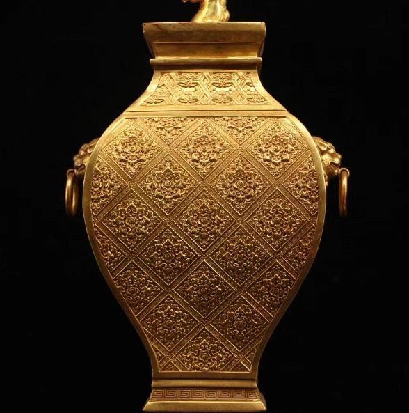 中国古美術・旧藏純銅製鎏金招財運樹の花瓶・真珠を象嵌・置物 中国古美術・旧藏純銅製鎏金招財運樹の花瓶・真珠を象嵌・置物