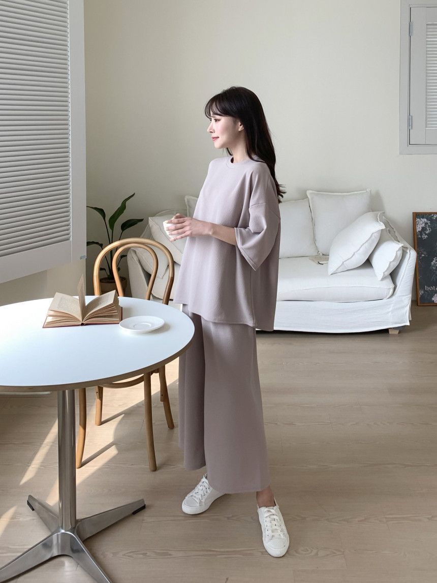 二点セット 上下セット シャツ+九分丈パンツ レディース 七分袖 丸首 プルオーバー ゆったり 大きいサイズ 着痩せ おしゃれ  秋 新作 tman 送料無料 上下セット レディース セットアップ トップス 七分袖 Tシャツ