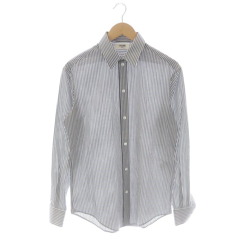 セリーヌ CELINE by Hedi Slimane Classic Shirt In Striped Smooth Hessian ストライプ  シャツ 長袖 37 グレー 白 ホワイト /MI ■OS