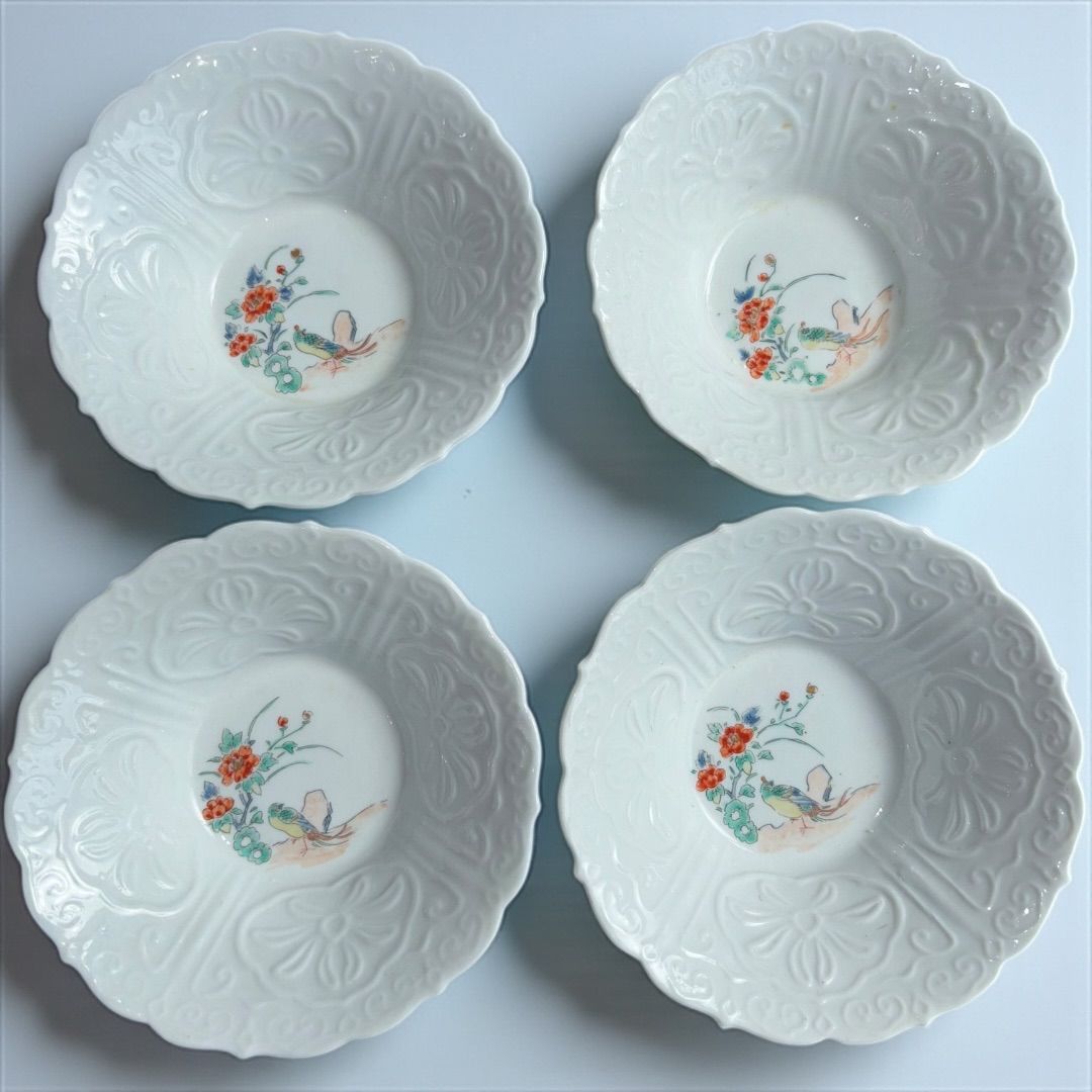 品 柿右衛門 大聖寺伊万里 白磁 陽刻 雉花図 4客揃え 和食器