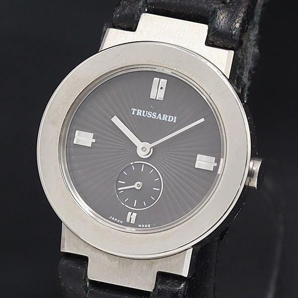 稼動 QZ 良品 箱付 TRUSSARDI TR-7070 黒文字盤 スモセコ