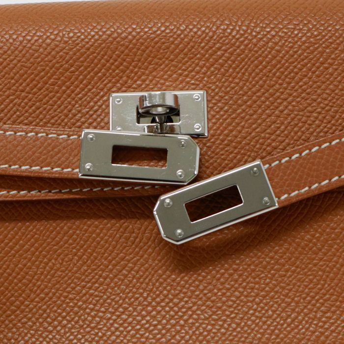 エルメス HERMES ケリーウォレット ミディアム エプソン (レザー) SV金具 □D刻印 2000年 三つ折り財布 かぶせ蓋 ミディアムウォレット レディース メンズ ゴールド (ライトブラウン) 中古 mbc15006