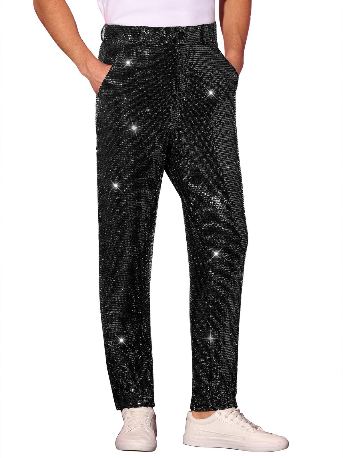 Lars Amadeus メンズ パーティー ディスコ スパンコール パンツ シャイニー ストレートレッグ ロングパンツ ブラック S