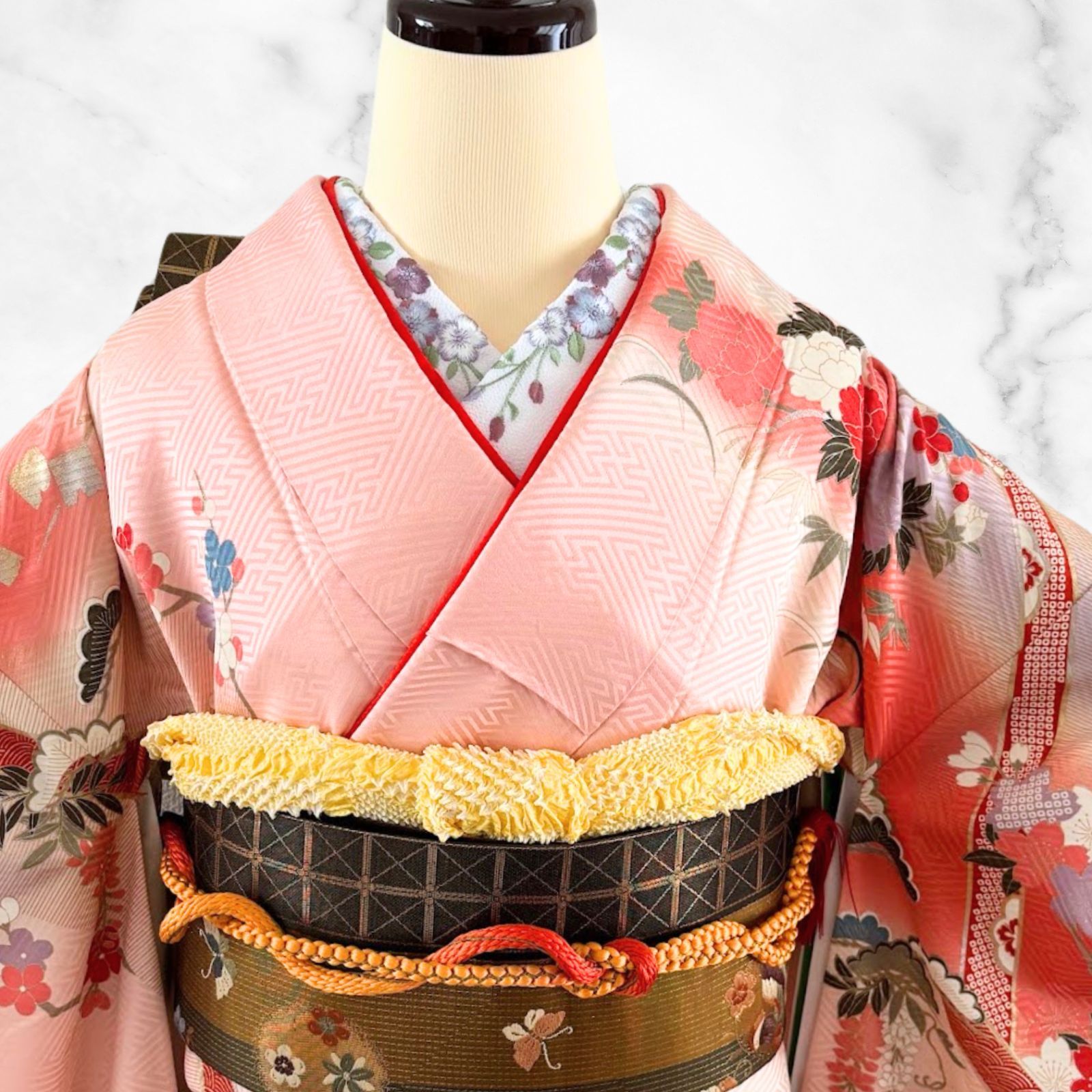 振袖 フルセット 身丈162 正絹 furisode ピンク 金彩 茶 総絞り Furisode Kimono Full Set Pink with Floral Design Reversible