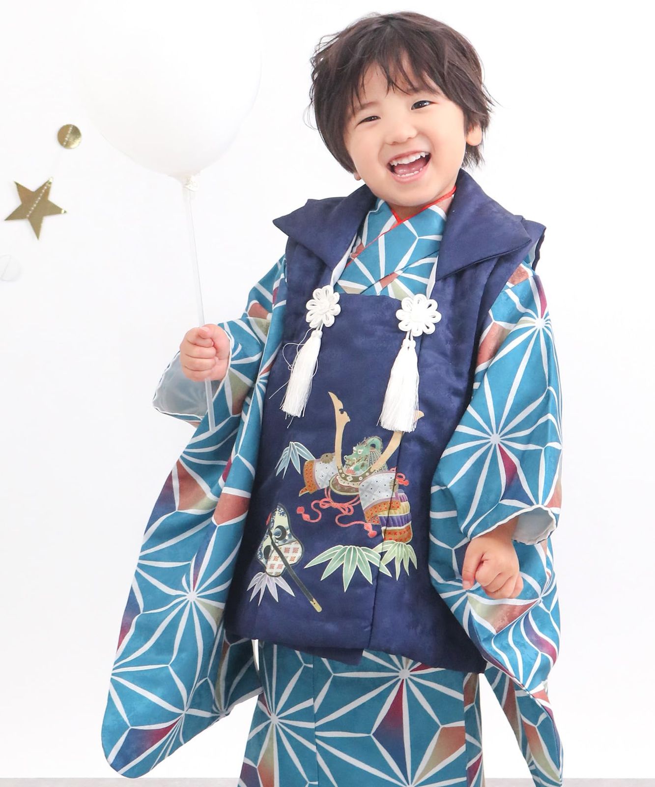KYOETSU キョウエツ 七五三 3歳 着物 男の子 被布 フルセット しちごさん 12.麻の葉に青兜 90-100 cm