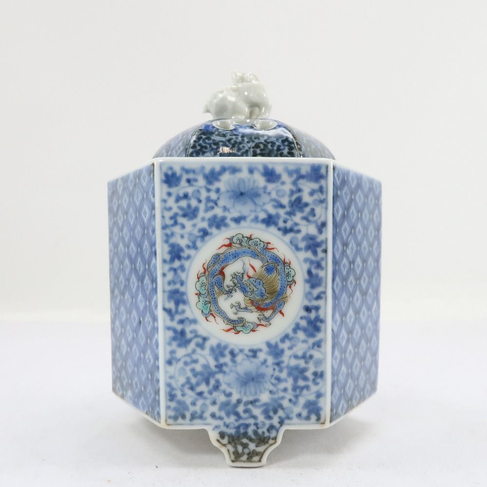 十二代 酒井田柿右衛門 造 染錦地紋丸紋画香炉 陶磁器 _ 骨董品