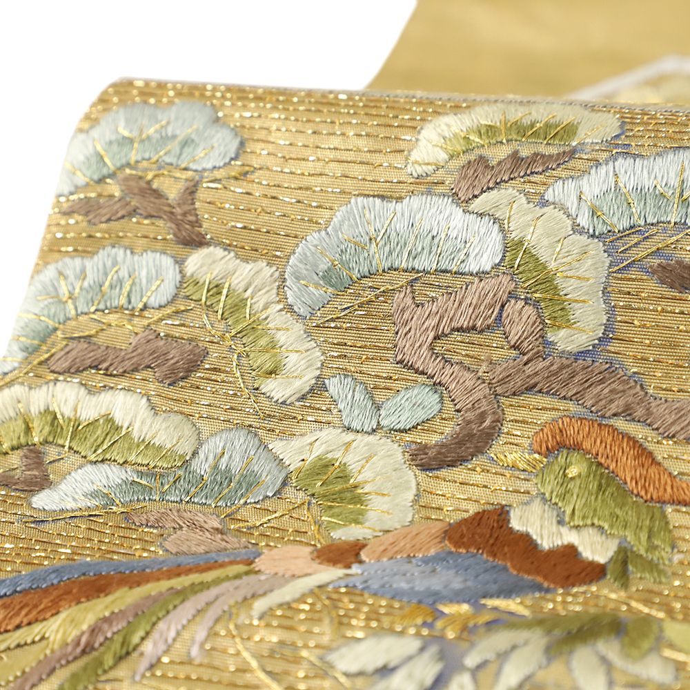 袋帯 中古 金地 汕頭刺繍 蘇州刺繍 花 白鳥 尾長鳥 鴨 花唐草