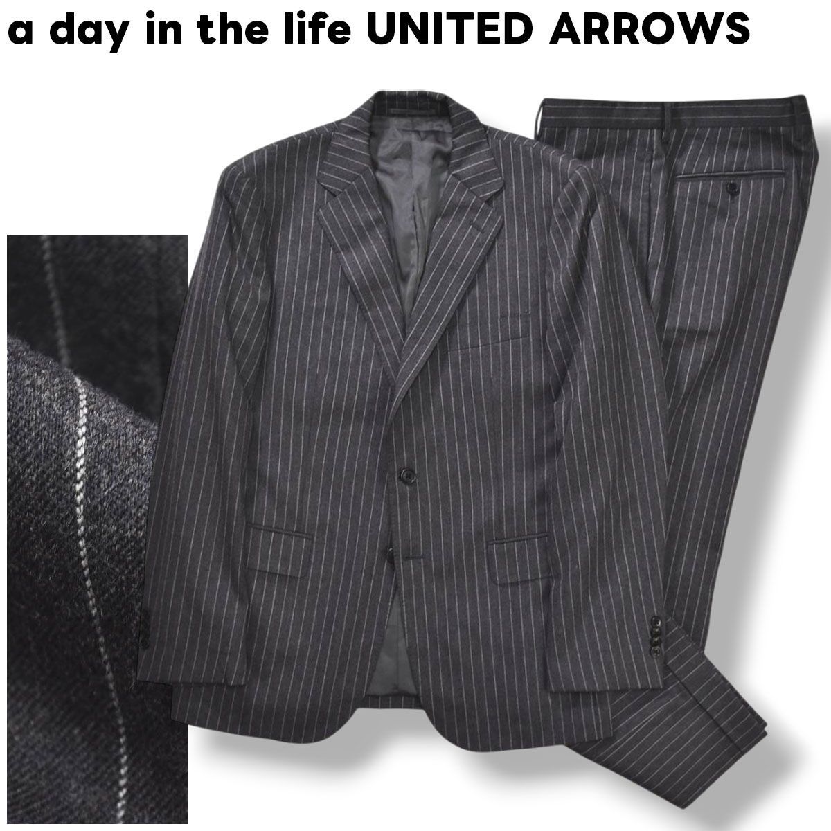 ア デイ イン ザ ライフ ユナイテッドアローズ a day in the life UNITED ARROWS 段返り 3B シングル スーツ セットアップ 上下 テーラード ジャケット スラックス パンツ 50 ピンストライプ グレー メンズ