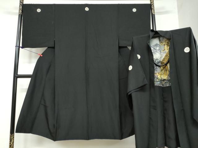 平和屋着物●男性 黒紋付 羽織セット 羽裏 虎 正絹 DAAW5662ud