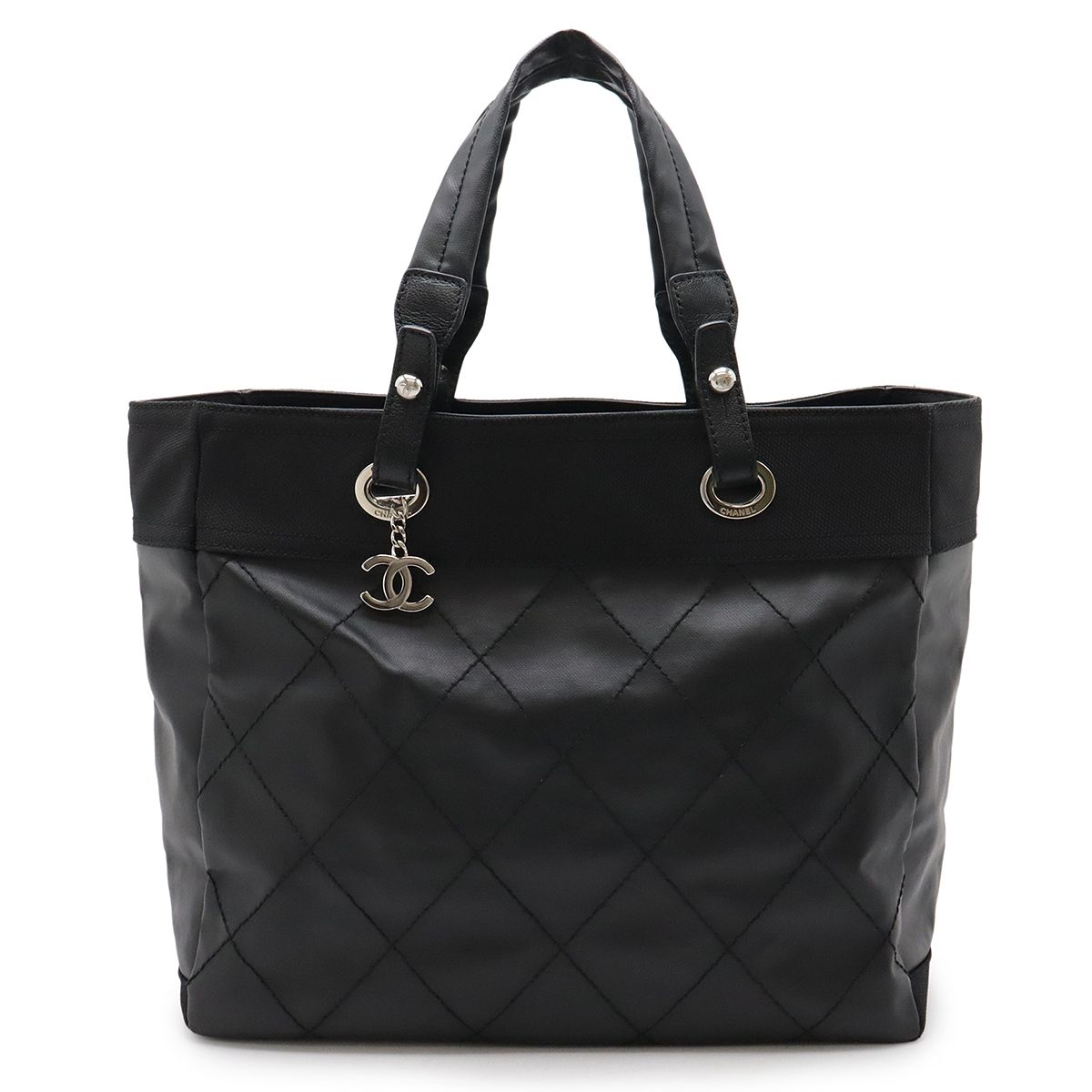CHANEL シャネル パリビアリッツ トートMM トートバッグ ハンドバッグ コーティングキャンバス ブラック 黒 シルバー金具 A34209