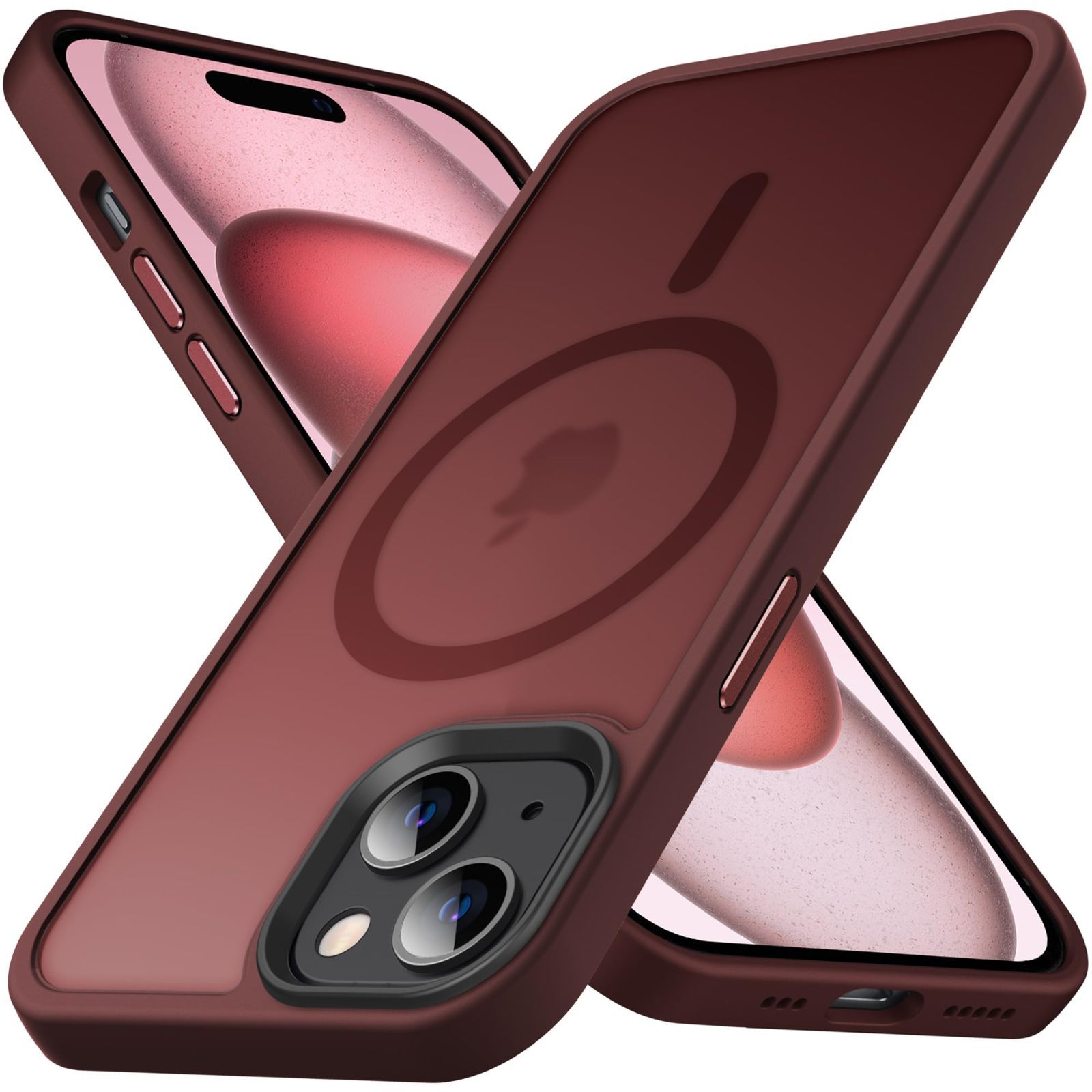 【在庫処分】6.1インチ カバー 15 アイフォン ワインレッド スマホケース ストラップホール付き 指紋防止 米軍MIL規格 耐衝撃 マット感 半透明 充電対応 マグセーフ マグネット搭載 [Magsafe対応