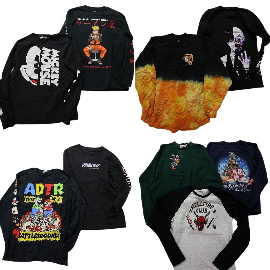 古着卸 まとめ売り キャラクター 長袖Tシャツ 9枚セット (メンズ S /M ) ナルト ミッキー アニメ ドラゴンボール トーキョーグール MX3428