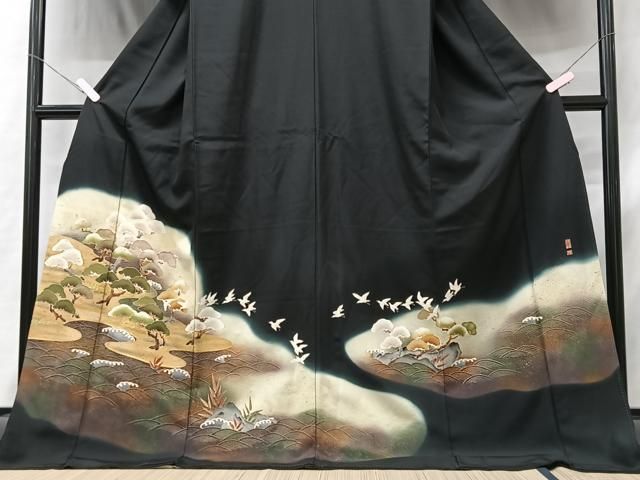 平和屋着物□豪華黒留袖 作家物 寿光織 群鶴花文 金糸