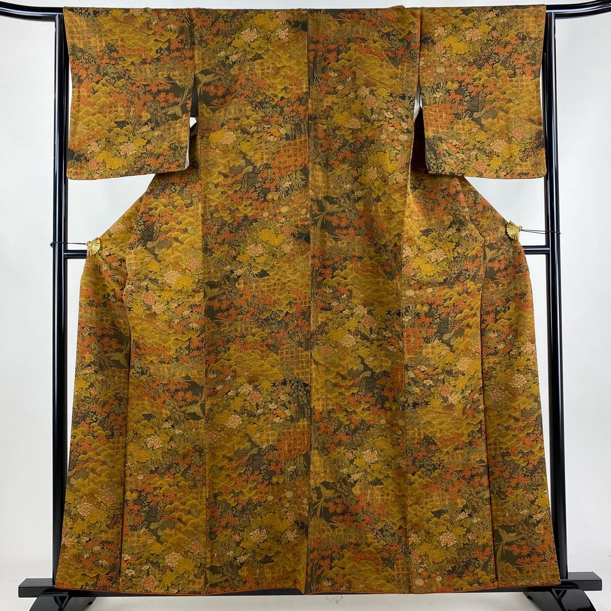 小紋 身丈157.5cm 裄丈65cm M 袷 樽本伊勢蔵 落款 鳥 草花 黄土色 正絹 秀品