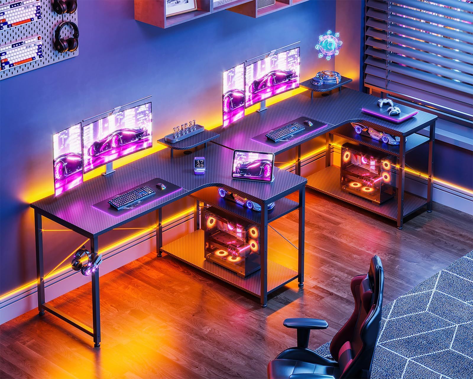 在宅勤務 ワークデスク オフィスデスク 子 棚付き 作業机 desk pcデスク L字型 机 ゲームデスク デスク l字デスク 組立簡単 幅110 カーボンブラック パソコンデスク ゲーミングデスク 右棚 ODK SKLAD-KIRPICHA_RU