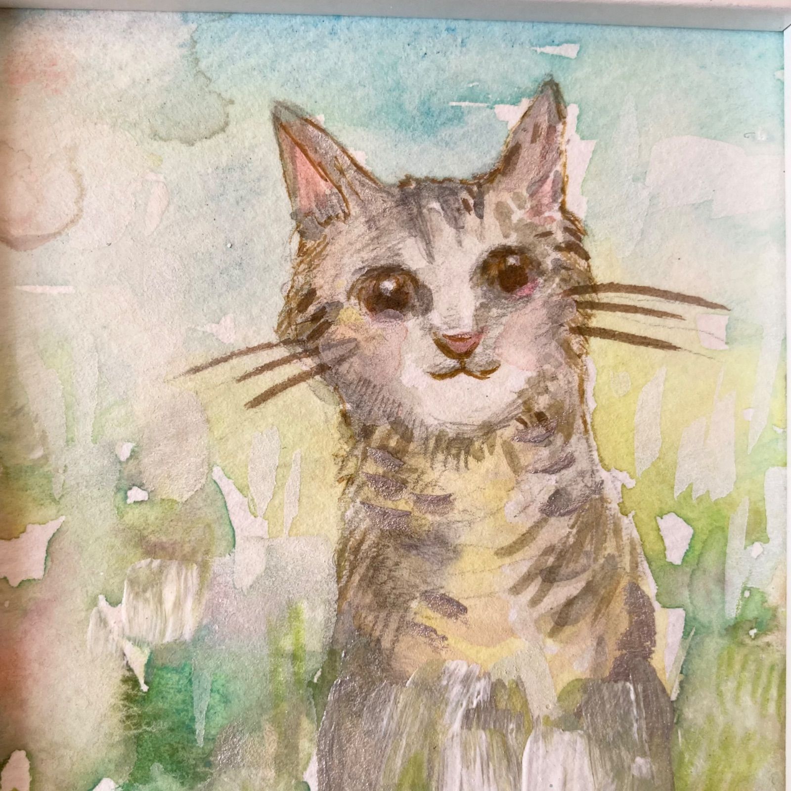 猫 花 花畑 ハンドメイド 原画 水彩 しましま にっこり - メルカリ