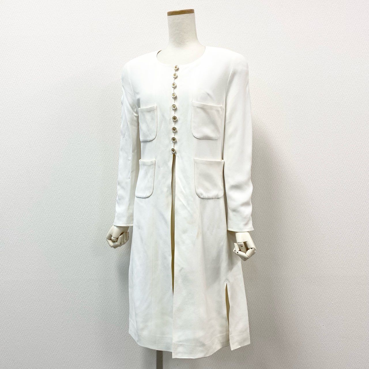 極美品】CHANEL シャネル ノーカラー ロングコート 金ボタン 花柄 36