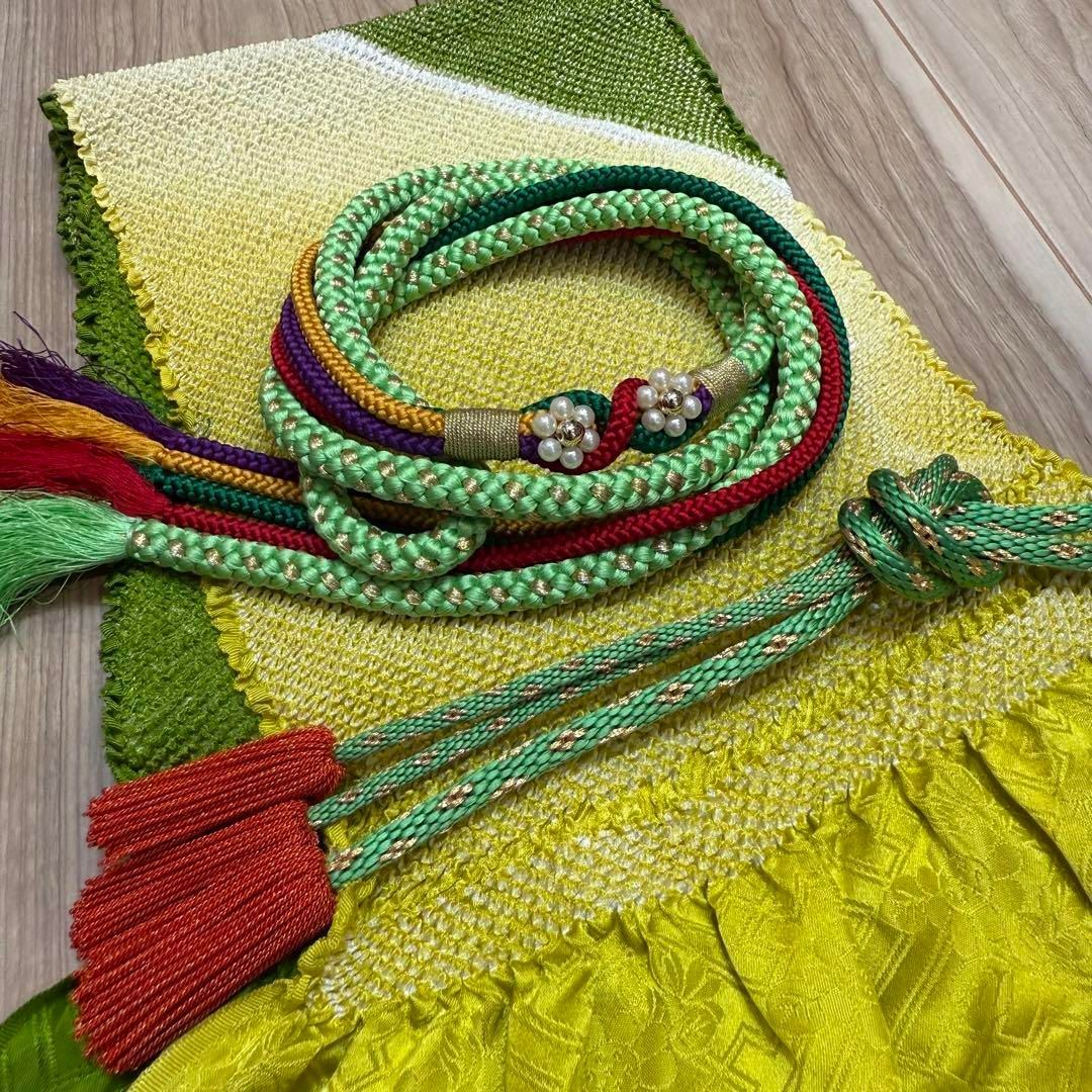 超美品　正絹　振袖用　帯揚げ　帯締め　重ね衿　3点セット　緑　深緑　黄緑 超美品 正絹 振袖用 帯揚げ 帯締め 重ね衿 3点セット 緑 深緑 黄