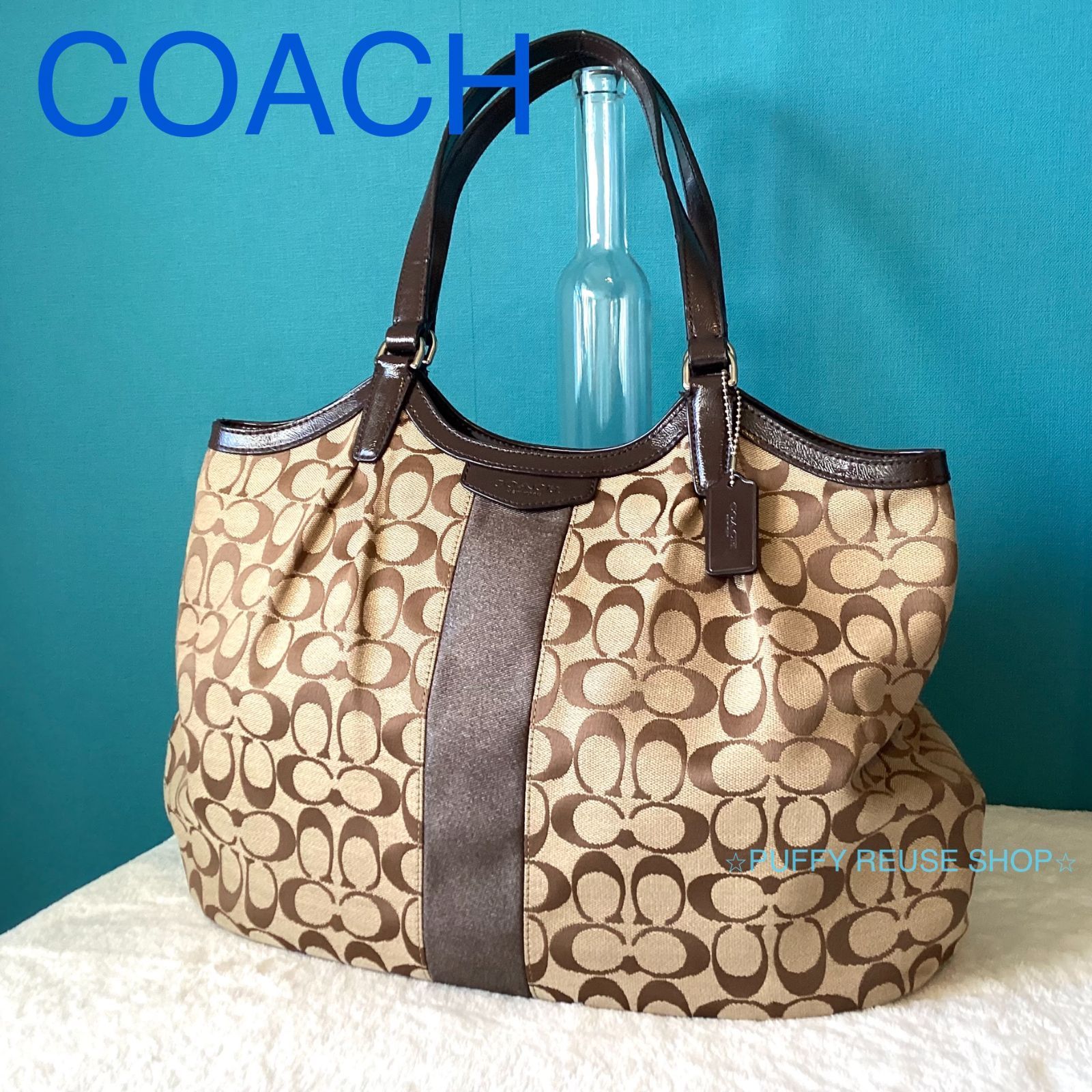 COACH コーチ シグネチャー トートバッグ キャンバスXレザー ブラウン 