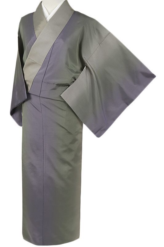 中古 本場 大島紬 着物 リサイクル 正絹 縞大島 友禅染 紫 緑 縦ぼかし