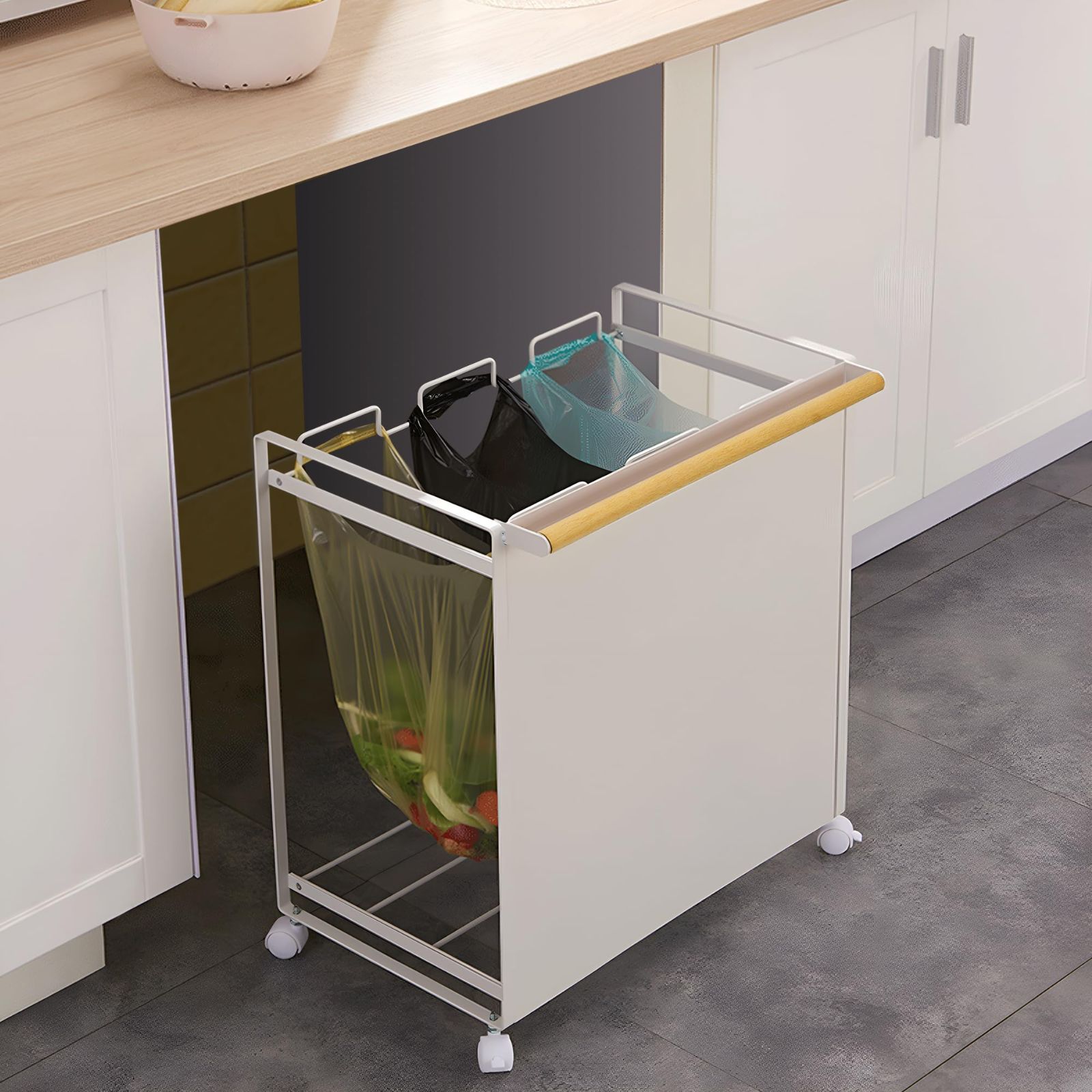 目隠し付 タワー 3分別 ゴミ箱 収納 フタなしゴミ箱 キャスター付 組立かんたん バッフル付き Rxakudedo ダストワゴン ダストワゴン