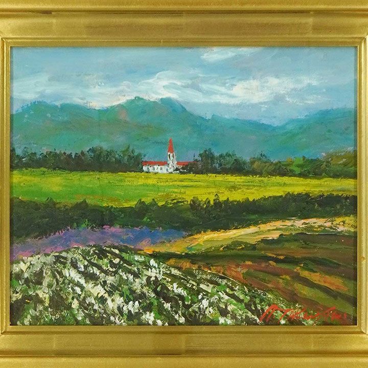 NO27. 高橋益之 美瑛の丘 油彩 洋画 北海道 風景画 額付き 箱あり 絵画
