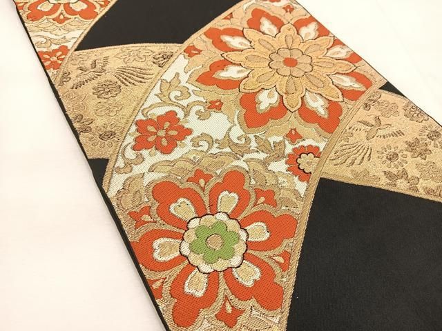 平和屋着物◎六通柄 本袋帯 鳳凰正倉院花文 黒地 金糸 正絹 逸品
