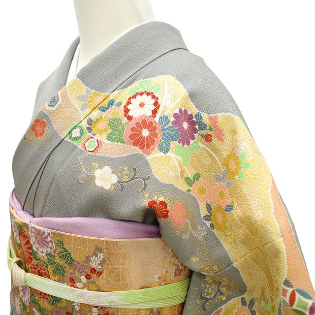 訪問着 袷 着物 金駒刺繍 金彩加工 刺繍 灰緑 濃グレー 赤紫 桜 フォーマル 中古 仕立て上がり 身丈163 裄66 Ｍサイズ みやがわ sb13586