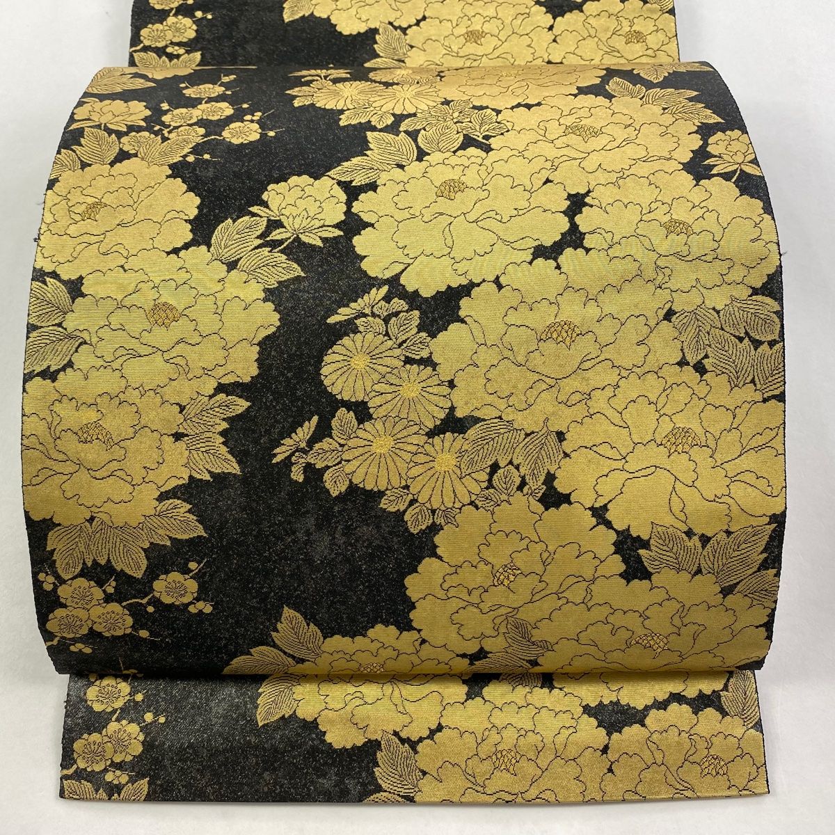 袋帯 名品 長嶋成織物 落款 瀞金錦 献上牡丹文 金糸 本金箔 墨色 六通 正絹