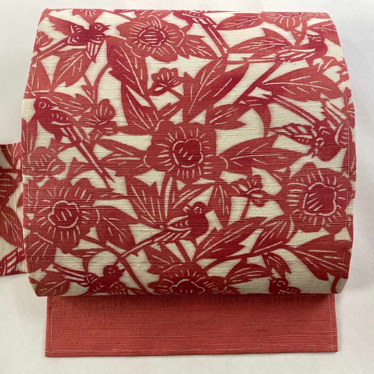 名古屋帯 秀品 紬地 鳥 草花 ピンク 正絹