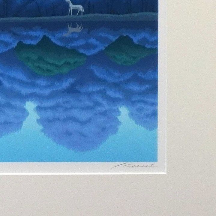 NO33. 国武久巳 湖上の月 版画 馬 青 風景画 額付き 箱あり 絵画