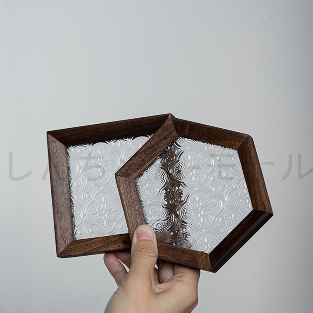 トレー 2枚 「六角形正方形 」茶席 トレイ ガラス 胡桃の木 木製 お盆