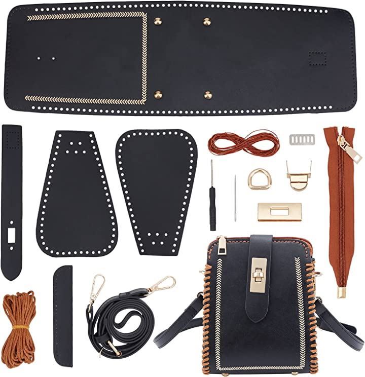 WADORN レザークラフトDIYレザーバッグ製作キット ブラックショルダー革鞄製作セット DIYレザーステッチショルダーストラップ作成キット