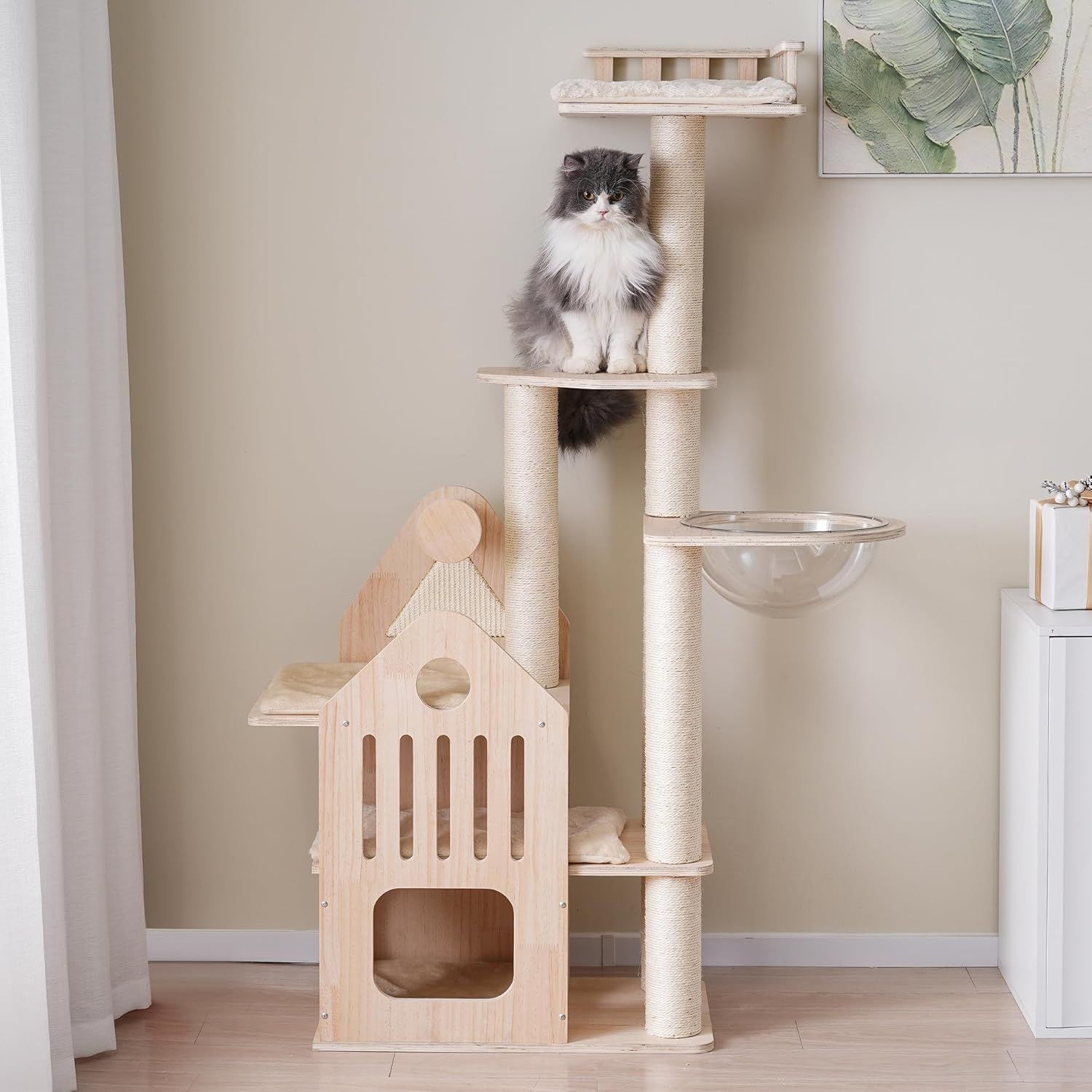 BTM キャットタワー 木製 猫タワー ネコタワー 多頭飼い 大型 高さ155cm 隠れ家 宇宙船 爪とぎポール 付き おしゃれ タワー 運動不足解消 子猫 大型猫