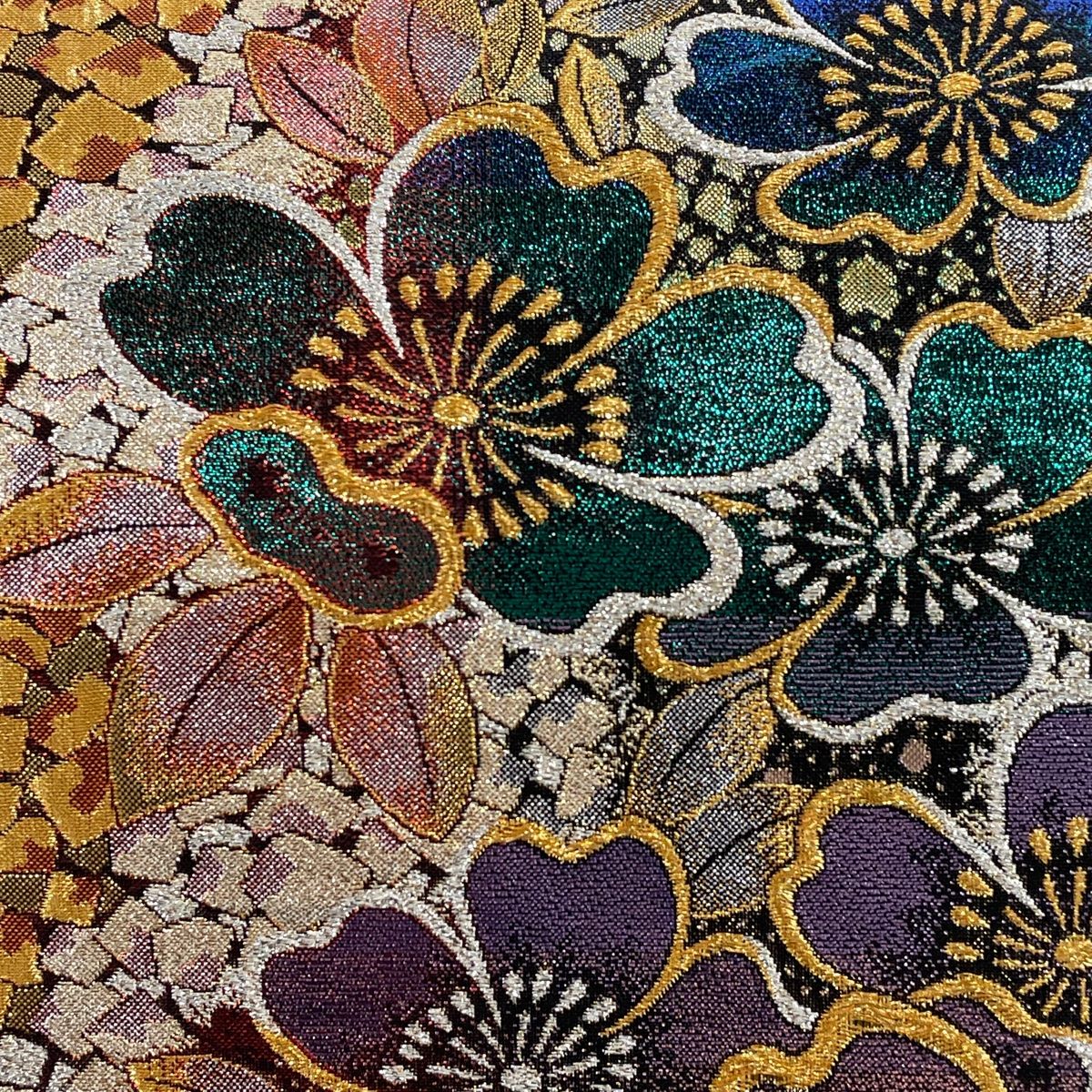 袋帯 美品 秀品 桜 幾何学模様 金糸 箔 金色 六通 正絹 【中古