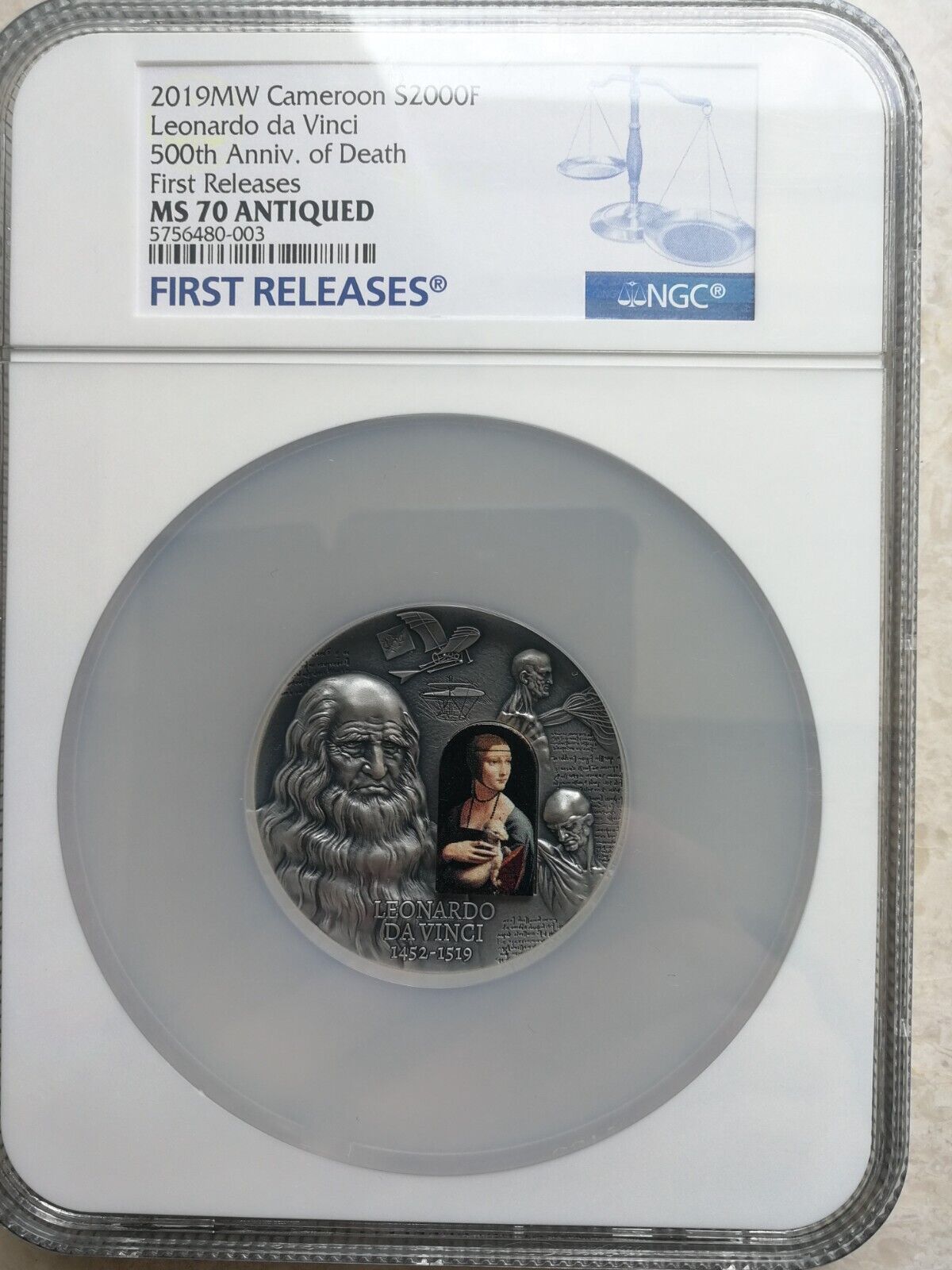 NGC MS70 FR Cameroon 2019 Leonardo Da Vinci 500th Anniv of Birth Silver Coin 2oz