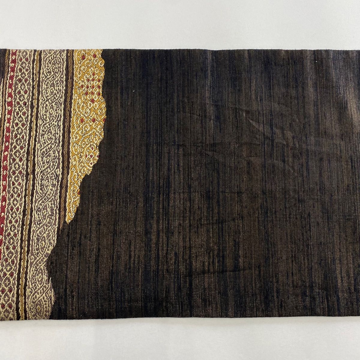 袋帯 秀品 落款 本草木染 幾何学模様 箔 焦茶色 六通 正絹 【中古