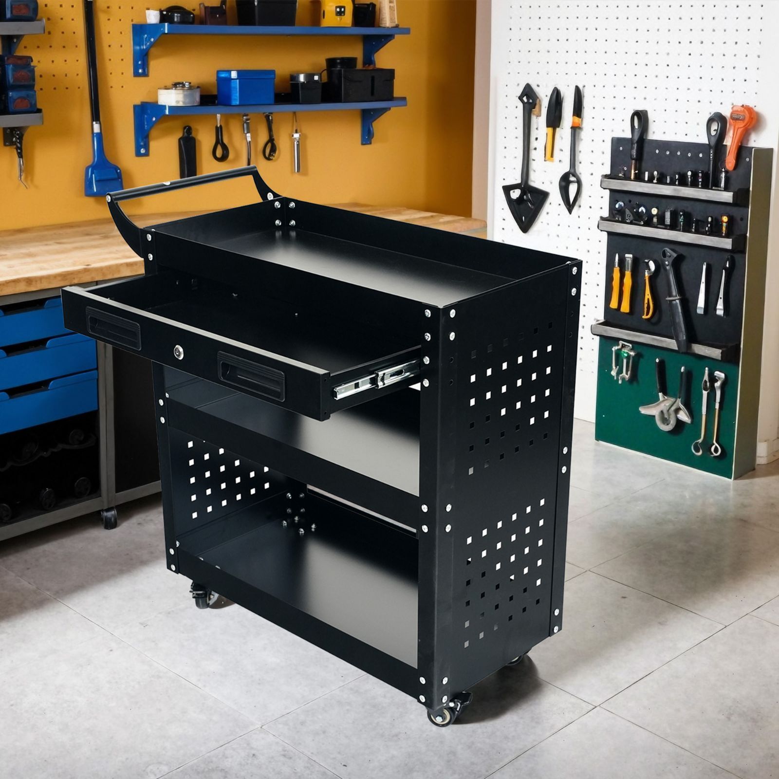 ツールカート 工具ワゴン スチール製 3段 鍵付引き出し 耐荷重50KG 幅75×奥行35×高さ80cm キャスター付き ストッパー 有孔ボード ハンドル付き 工具ラック ガレージ作業 DIY 工具収納 ブラック