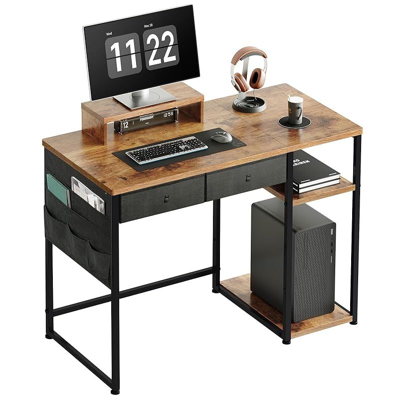YeTom デスク 机 pcデスク つくえ 作業机 学習机 勉強机 幅100cm×奥行48cm ワーキングデスク computer desk ?子 事務机 ??? ラック付きデスク パソコンテーブル 引き出し付きデスク オフィスデスク テ