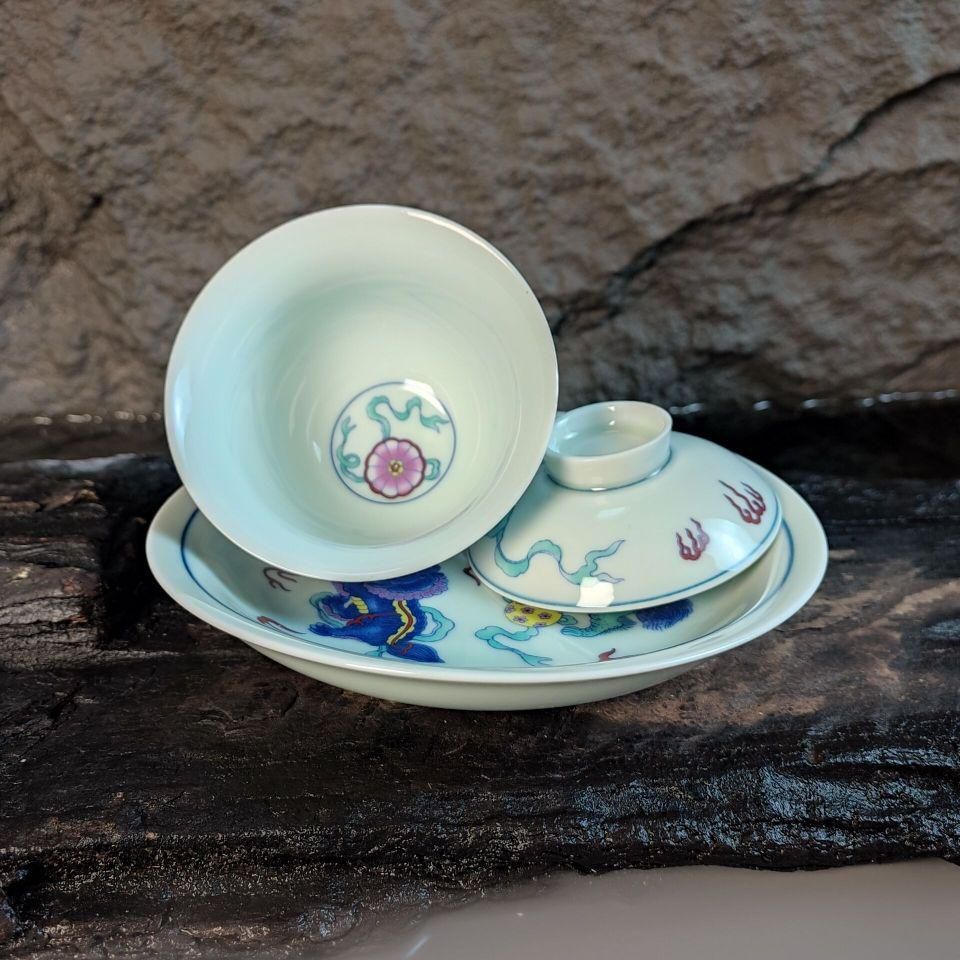 中国茶器 闘彩獅子三才蓋碗 茶器 茶道具 煎茶器 新品未使用