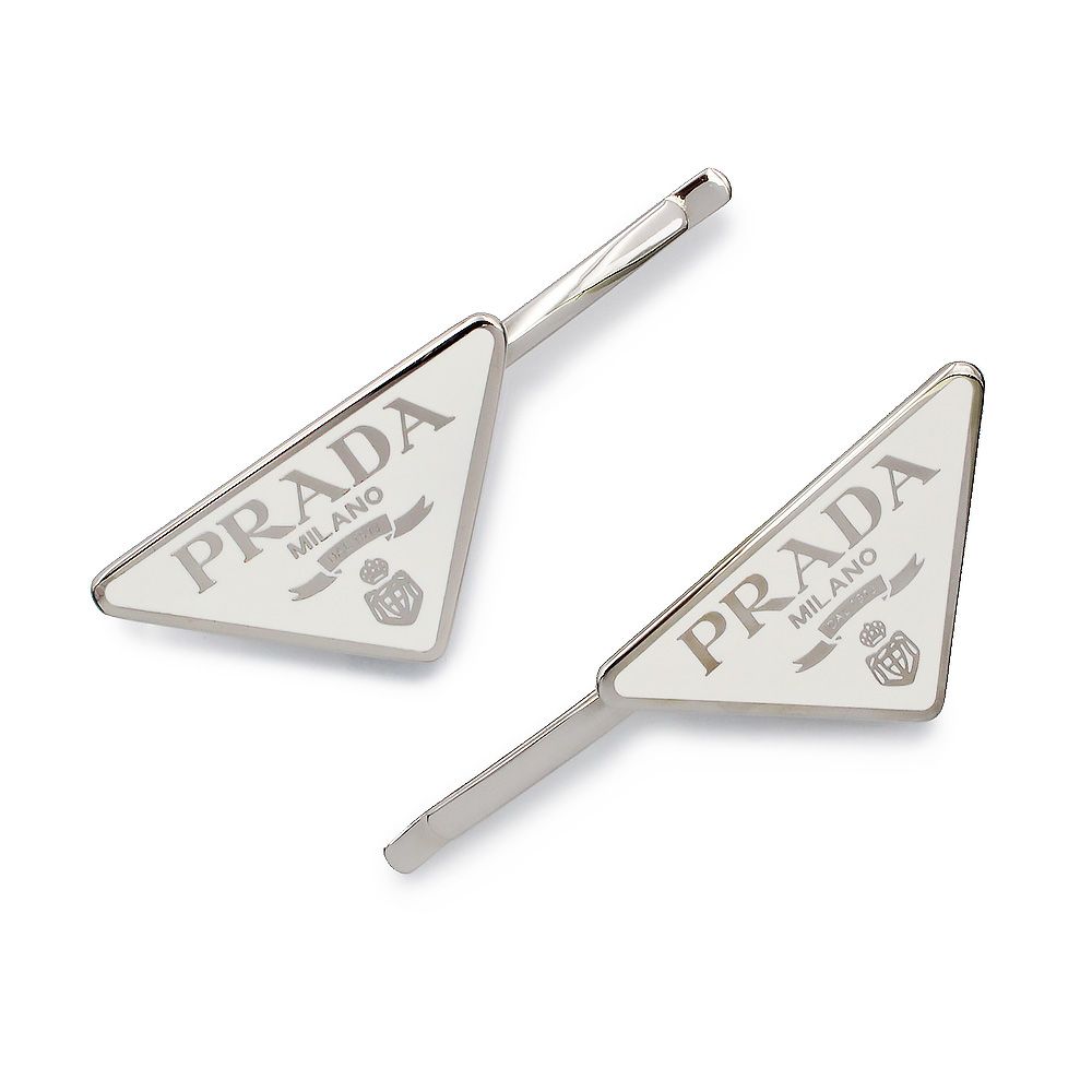 プラダ 三角ロゴプレート トライアングル 髪留め ヘアピン ヘアクリップ ヘア エナメルメタル ビアンコ ホワイト シルバー金具 1IF051 PRADA