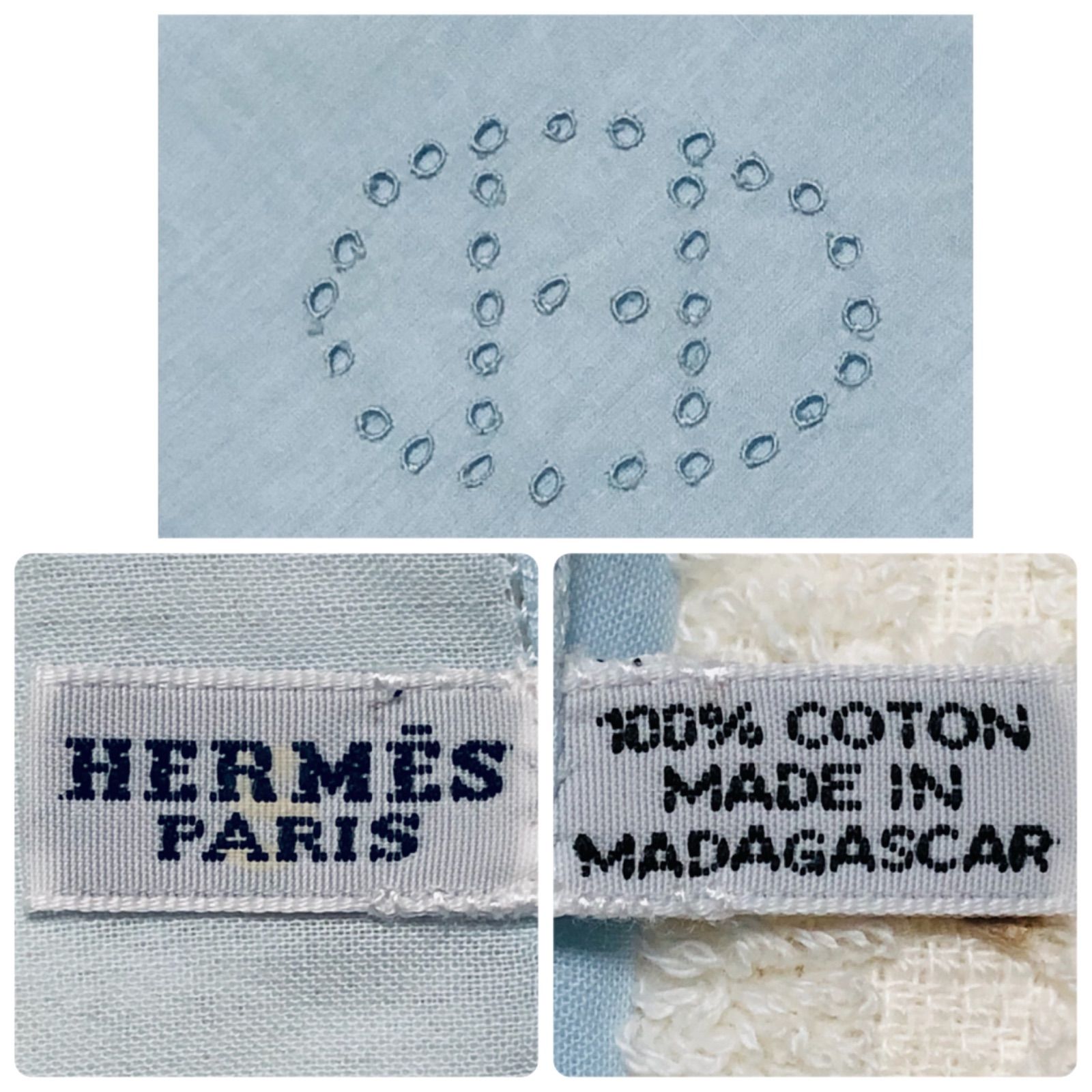 HERMES エルメス エヴリン ハンカチ ポケットチーフ コットン マダガスカル製 ライトブルー