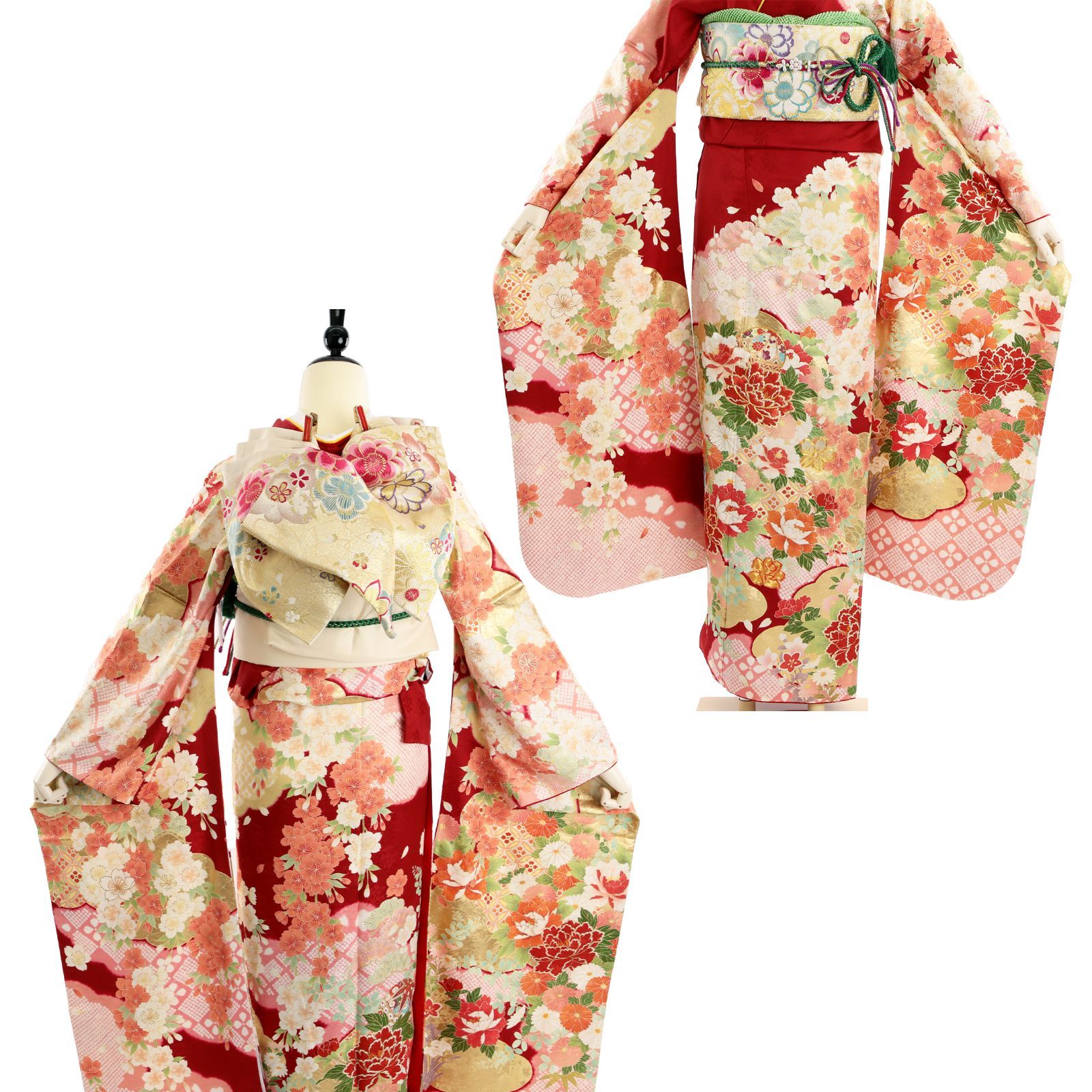 振袖 振袖セット USED振袖 赤 古典柄 鹿の子 金駒刺繍 7点フルセット レディース M～Lサイズ WA-F-158 振袖 振袖セット USED振袖 赤 古典柄 鹿の子 金駒刺繍 7点フルセット