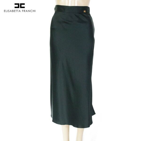 80 OFF エリザベッタフランキ ELISABETTA FRANCHI スカート38 ESK707 Sサイズ ブラック レディース ロングスカート ミディアム丈 光沢 イタリア製
