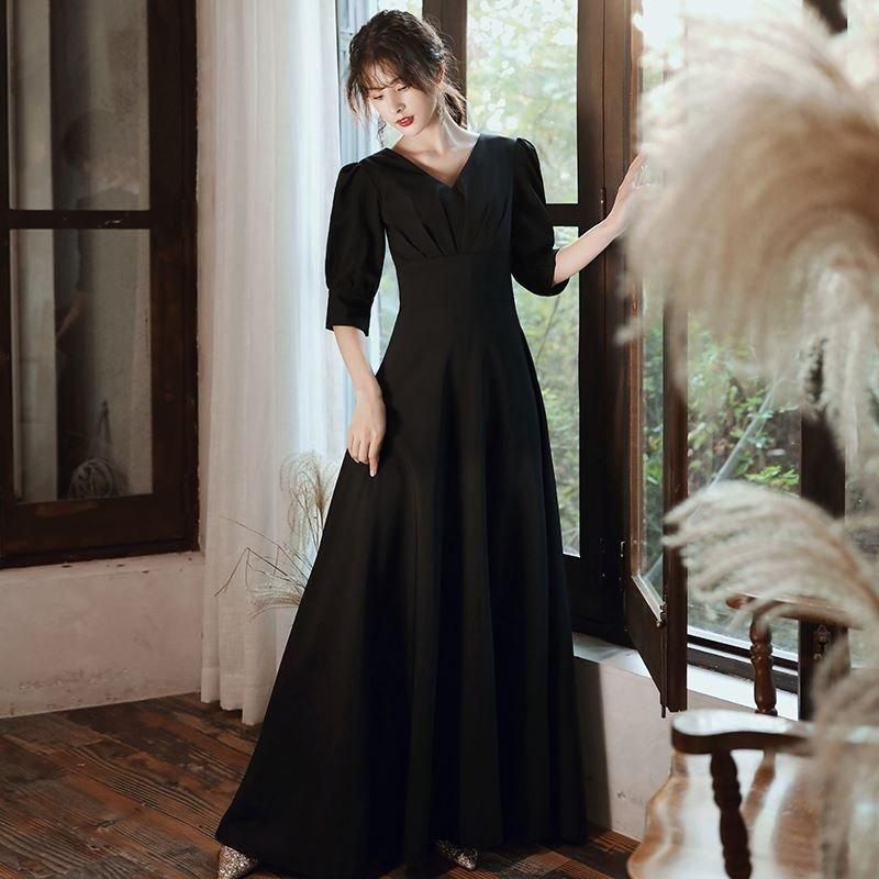 喪服 ワンピース レディース 礼服 長袖 きれいめ ロング丈 ハイウエスト Aライン Vネック ロングワンピース フォーマル エレガント シック おしゃれ 黒 CkCA642