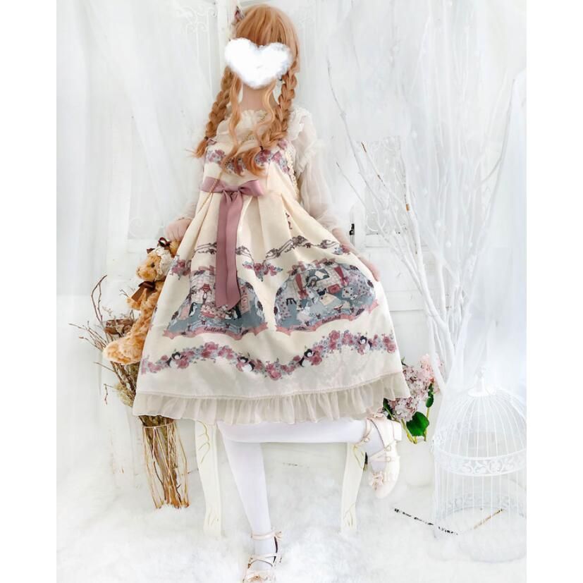 ロリータ ワンピース ジャンパースカート ロング丈 ロリータ服 ハイウエスト 花柄 リボン フリル裾 かわいい 甘ロリータ 大人 ジュニア ゴスロリ ロリッタ Lolit